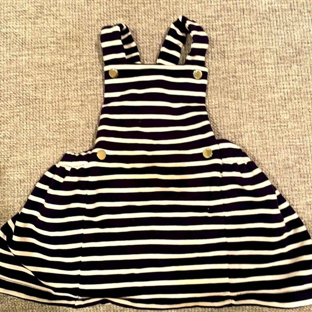 NWOT stretch cotton pinafore dress, blue and white stripe